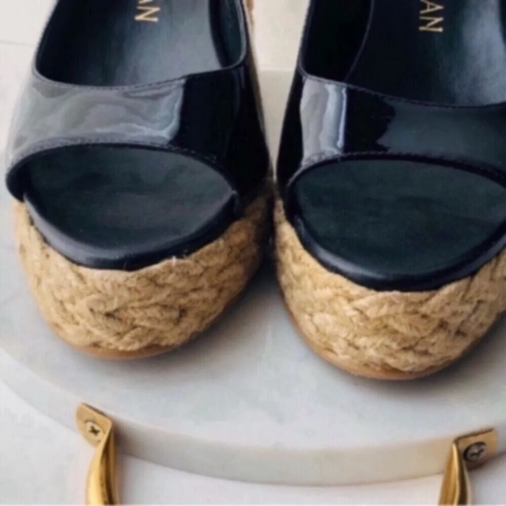 STUART WEITZMAN Island Espadrille Black Patent Leather Platform Slingback Wedges